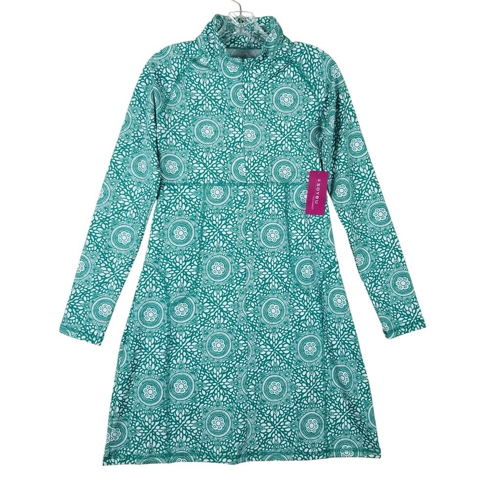 Soybu Dress Women Medium Teal White Mandala Print Quarter Zip Long Sleeve Active